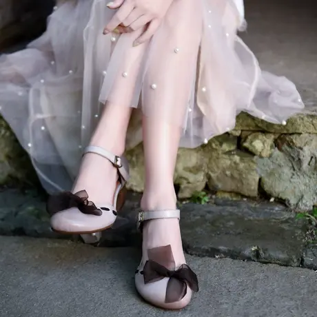 Artmu阿木原创复古森女蝴蝶结仙女包头凉鞋女真皮一字扣粗高跟鞋商品大图
