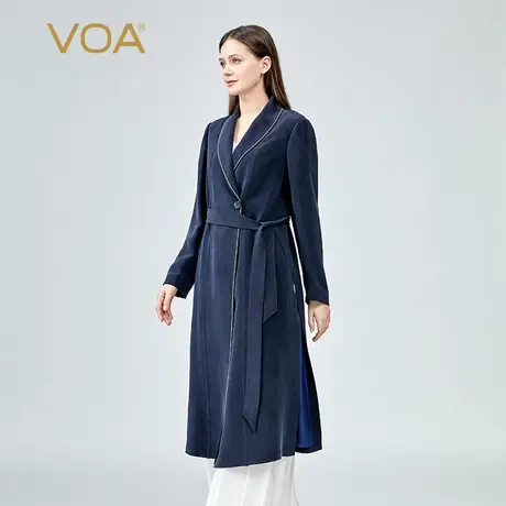VOA重磅真丝青果领长袖束腰绑带立体明线装饰左右开叉桑蚕丝外套图片