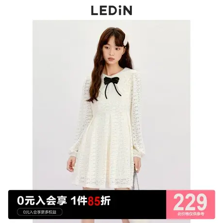 乐町翻领蕾丝连衣裙休闲秋冬新款女装蝴蝶结奶系氛围长袖针织裙子图片