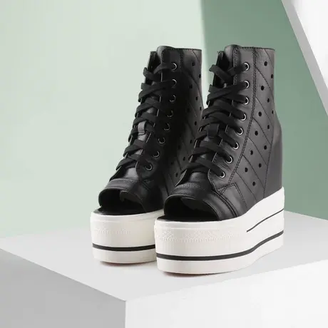 夏季新款女士内增高鱼嘴凉真皮镂空透气高帮鞋小个子厚底坡跟凉鞋商品大图