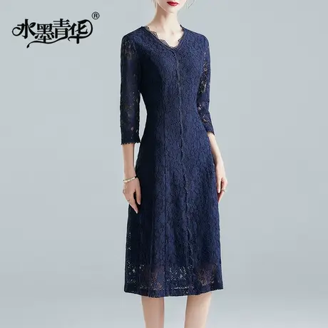 【1件7.9折】冬季新品显瘦V领蕾丝裙简约优雅气质中长款连衣裙商品大图