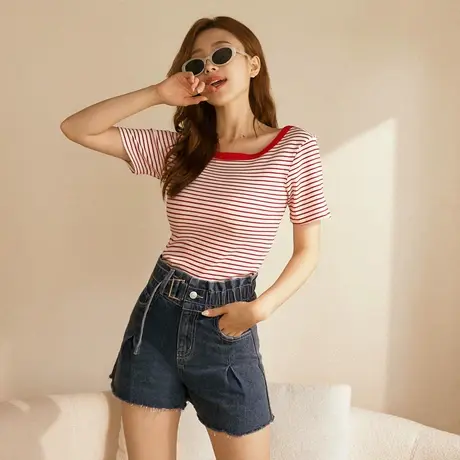 桔熊夏休闲撞色条纹针织坑条衫圆领露背合身上衣女装大码AB18547商品大图