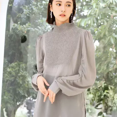 桔熊春秋季复古高领微透肤泡泡袖雪纺衫上衣女胖妹妹大码AB17741商品大图