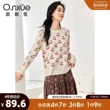 欧昵雪2023冬季新款休闲圆领减龄加厚樱桃毛衣女长袖套头小众上衣商品大图