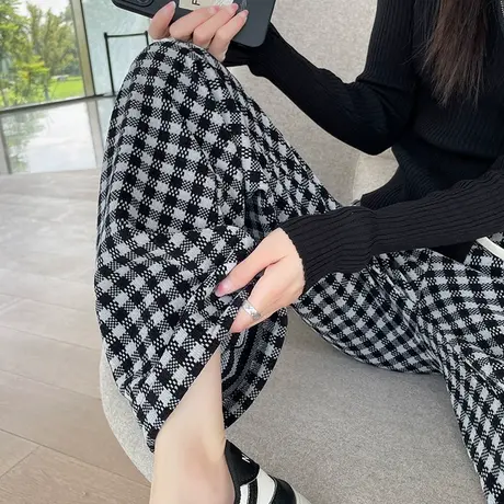 黑白格子毛呢裤女秋冬宽松直筒长裤高腰显瘦设计感阔腿休闲裤子商品大图