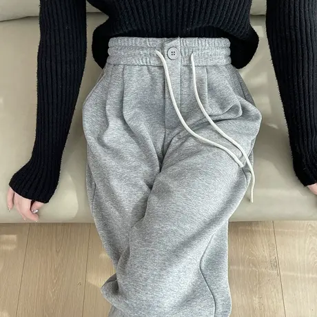 美式灰色加绒运动裤女冬季新款高腰休闲显瘦加厚垂感阔腿拖地卫裤商品大图