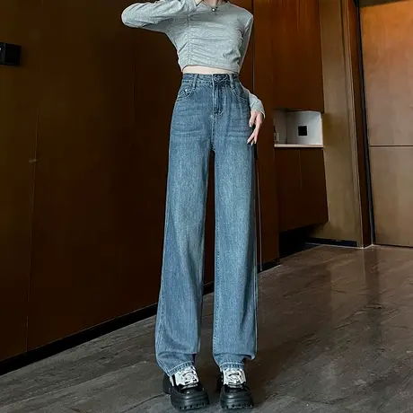 蓝色窄版阔腿牛仔裤女2023年春秋新款高腰显瘦宽松垂感直筒拖地裤商品大图