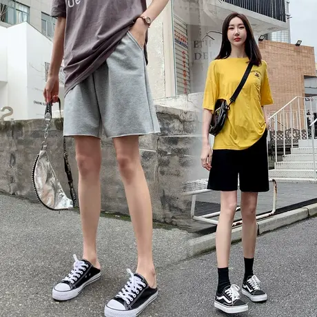 运动短裤女休闲跑步热裤宽松2023夏季高腰阔腿中裤cec五分裤纯棉图片