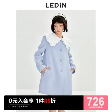 乐町针织领A摆大衣休闲秋冬新款女装拆卸领100%羊毛双面呢长外套图片