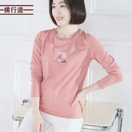 2025新款春装圆领绣花妈妈长袖T恤女装韩版宽松上衣莫代尔打底衫商品大图