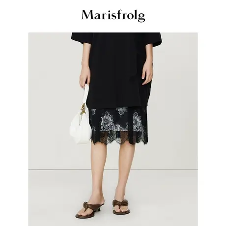 【商场同款】玛丝菲尔2023年夏季新款黑色优雅蕾丝花边A字半身裙图片