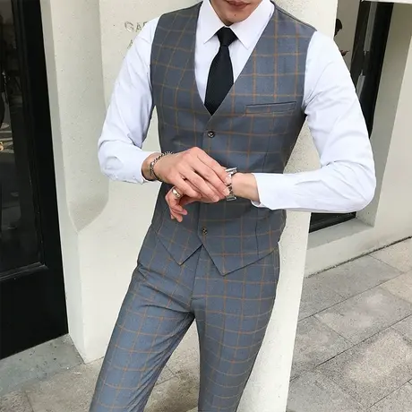 男士三件套西装修身衬衫发型师格子裤子韩版潮西服套装马甲男伴郎图片