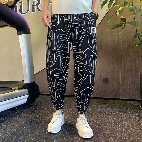 夏季男士裤子长裤沙滩裤宽松休闲花色潮牌运动薄款九分束腿裤卫裤商品大图