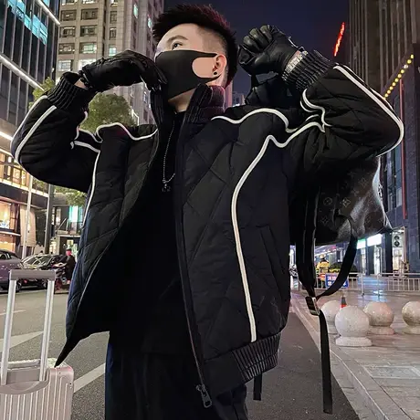 棉服外套男个性拼接明线设计感冬季2023新款潮牌立领菱格重磅棉衣图片