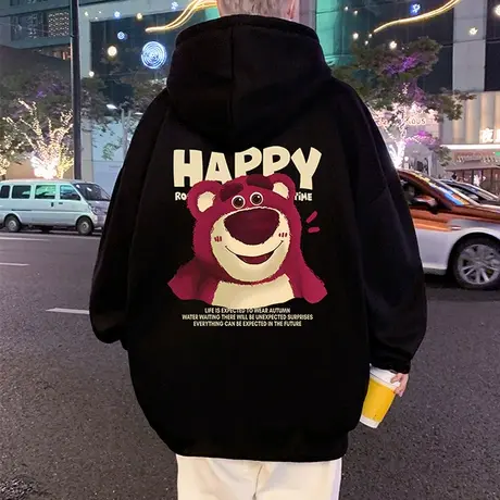 潮流重磅卫衣男潮牌春秋季草莓熊美式复古连帽外套男装宽松上衣服商品大图