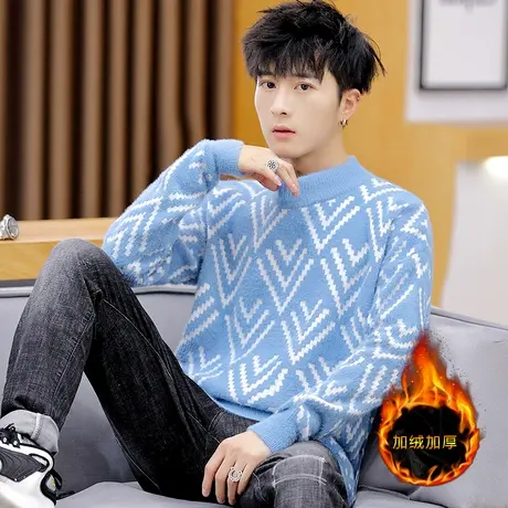 冬季加绒加厚半高领毛衣男士韩版潮流套头保暖针织打底衫男水貂绒商品大图
