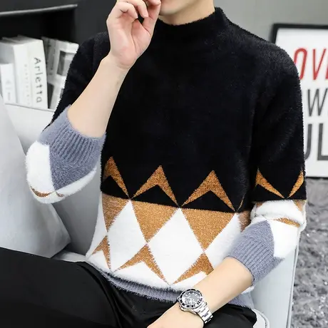 半高领男士毛衣提花时尚休闲个性百搭青少年学生长袖打底针织衫潮商品大图