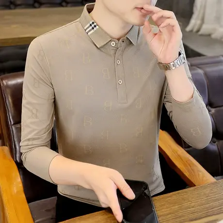 衬衫领男士长袖t恤春秋季高端休闲轻商务polo衫新款青年潮流男装T商品大图