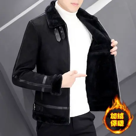 冬款加绒加厚男装外套潮流帅气保暖机车服冬季男士时尚鹿皮绒夹克商品大图