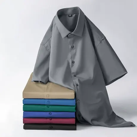 冰丝衬衫男士短袖2024新款夏季商务休闲轻熟风高级感寸衫免烫衬衣商品大图