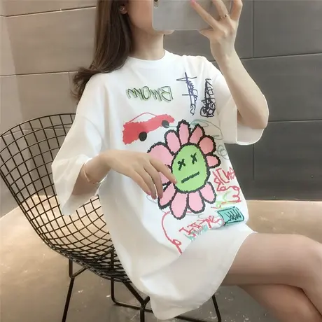 2023夏季短袖女装嘻哈卡通童趣涂鸦印花情侣圆领宽松短袖T恤女潮商品大图