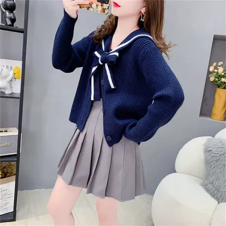 海军领条纹针织开衫女春秋2023新款宽松日系甜美洋气毛衣外套上衣图片