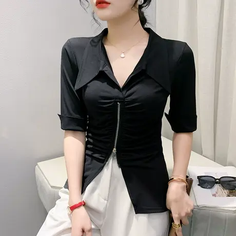 设计感女装时尚拉链开叉短袖T恤欧货洋气POLO紧身上衣百搭小衫夏图片