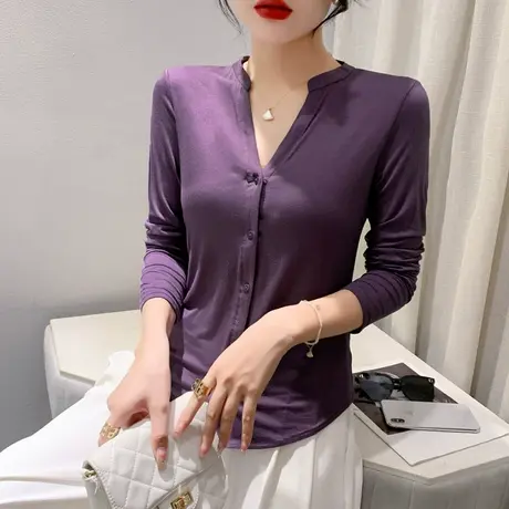 性感V领针织开衫女长袖2024秋装新款纯色百搭上衣气质修身打底衫图片