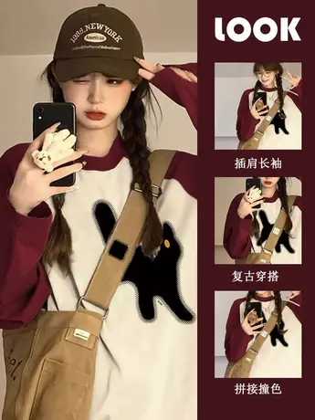 夏季新款多巴胺穿搭宽松显瘦插肩长袖T恤小猫印花拼色甜辣上衣女商品大图