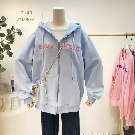 韩国东大门连帽外套春秋款慵懒风休闲卫衣字母开衫洋气蓝色大码女图片