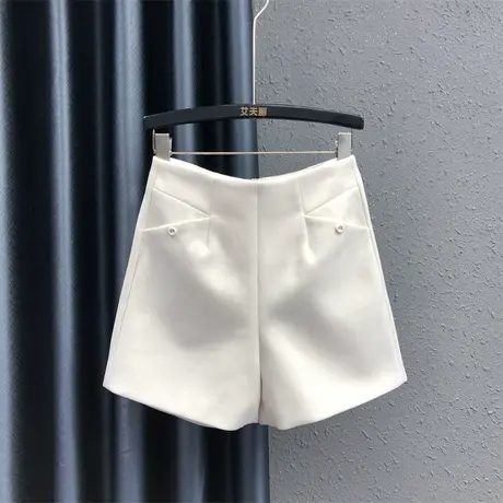 韩版时尚百搭休闲裤女23秋冬新款米白色简约高腰小众阔腿短裤靴裤图片