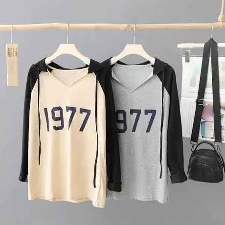 早秋新款小众连帽套头字母长袖t恤女2023年新款宽松上衣女装体恤图片