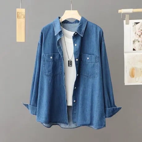 休闲纯棉牛仔衬衫女秋季牛仔蓝水洗长袖衬衣式外套中长款宽松上衣图片