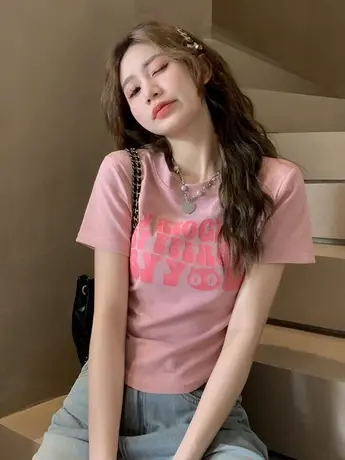 正肩辣妹短款别致短袖T恤女2024夏季新款纯棉圆领打底衫体恤上衣商品大图