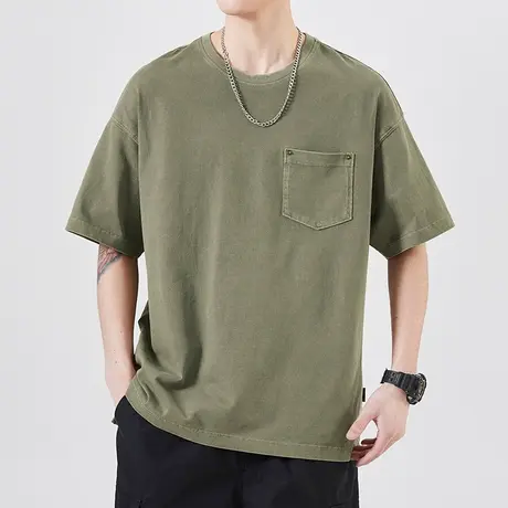 圆领简约风上衣男士夏季基础款t恤男装纯色体恤男生全棉口袋短袖图片