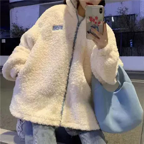 羊羔毛短外套女2024年秋冬新款韩版学生宽松百搭羊羔绒棒球服上衣商品大图