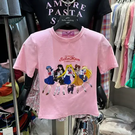 韩国东大门春夏新款短款修身显瘦美少女印花短袖垫肩T恤女上衣潮图片