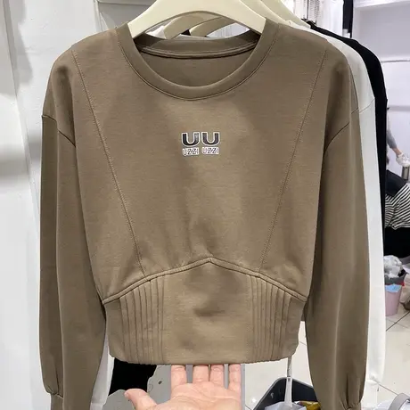 欧货宽松收腰短款圆领卫衣女初秋新款休闲百搭洋气小个子ins上衣图片