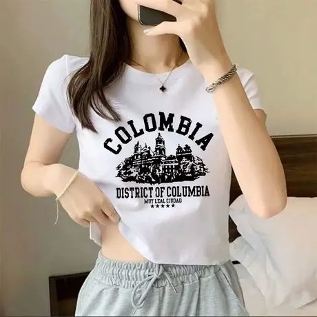 正肩短袖白色t恤女夏季仿棉上衣短款春秋内搭宽松打底衫显瘦体恤商品大图