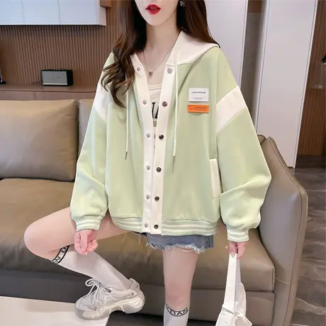早秋装外套女春秋季韩版宽松大码薄款小个子撞色开衫棒球服卫衣潮图片