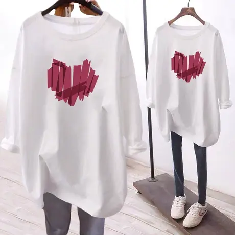 韩版chic大码爱心长袖t恤女休闲慵懒风ins潮早秋纯棉打底衫上衣商品大图