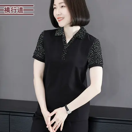 翻领短袖碎花拼接打底衫黑色半袖女T恤上衣体恤小衫2025夏装新款商品大图