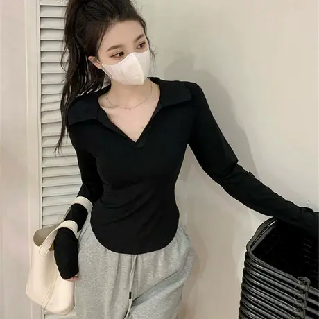polo领正肩长袖t恤女2024秋季新款设计感小众修身短款打底衫上衣商品大图