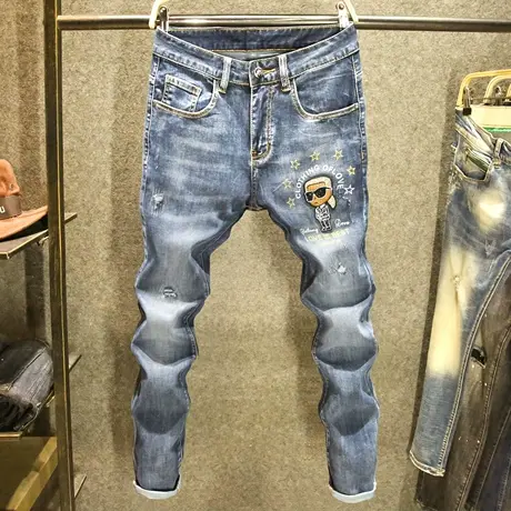 2023新款破洞牛仔裤男潮流韩版修身小脚裤潮酷刺绣烫钻水洗裤子男商品大图