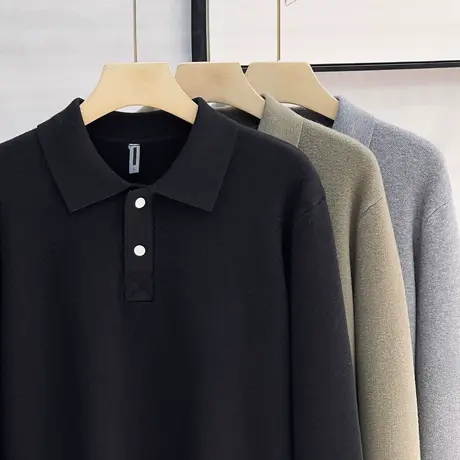 美式复古仿羊绒翻领T恤长袖针织衫秋冬宽松商务POLO领毛衫男毛衣商品大图