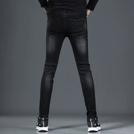 黑色牛仔裤男款2022新款秋冬季修身小脚后袋印花潮流男士裤子青年商品大图