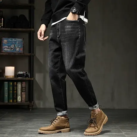 2023冬季新款弹力宽松深裆高腰牛仔裤男加肥加大码黑色哈伦裤男士商品大图