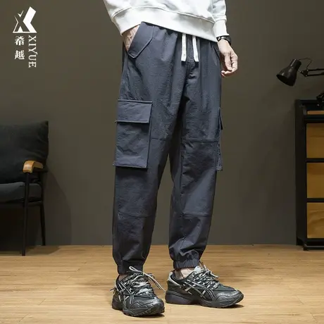 工装裤子男2023秋冬潮牌大口袋束脚休闲裤子男宽松大码弹力九分裤商品大图