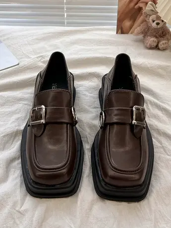 英伦复古风方头粗跟皮带扣厚底乐福鞋豆豆鞋2023年增高底春秋单鞋商品大图