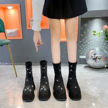 靴子女2023新款秋冬小个子小众设计感高跟厚底短靴水钻马丁瘦瘦靴商品大图